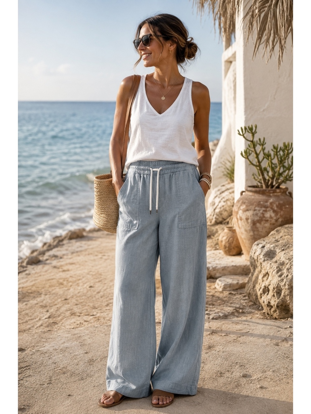 Athleta Cabo Linen Wide Leg Pants Womens 16 Blue Drawstring Resort Coastal